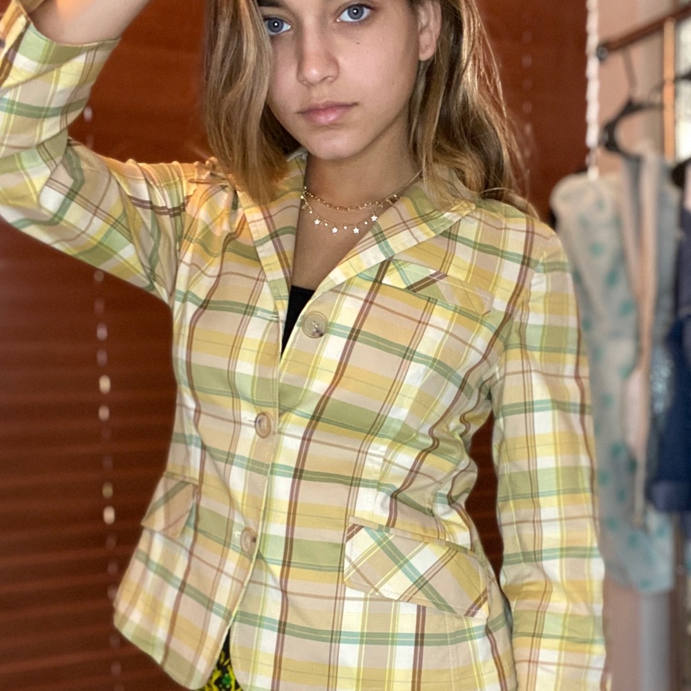 theory yellow plaid blazer